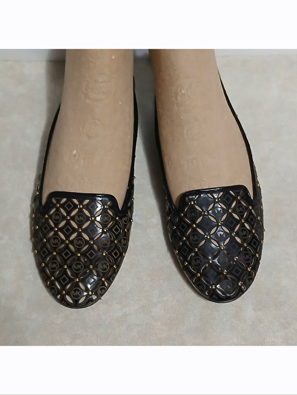 Michael Kors Black Gold Cut-Out Studded Patent Leather Loafers Size 7.5 M Shoes